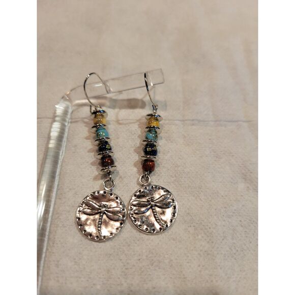 New Vintage Boho Beaded Dragonfly Pendant Earrings With Natural Stones, 1pr - Picture 7 of 7